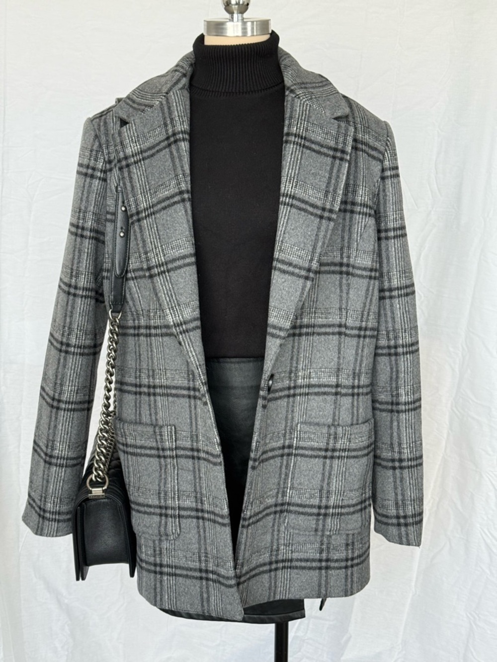 Bardot Wool Gray Plaid Oversized Blazer Coat